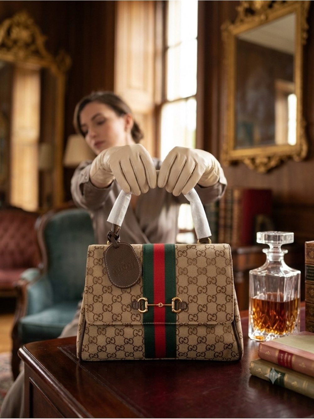 Beige Monogram Satchel with Red & Green Web Stripe
